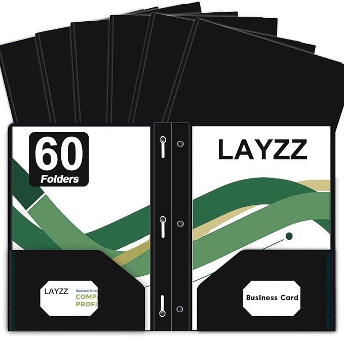 Two Pocket Folders with Prongs, LAYZZ 60 Pack Poly Plastic Folders, Heavy Duty Plastic Folders with Pockets and Prongs, Letter Size, for Offices and Schools (Black)