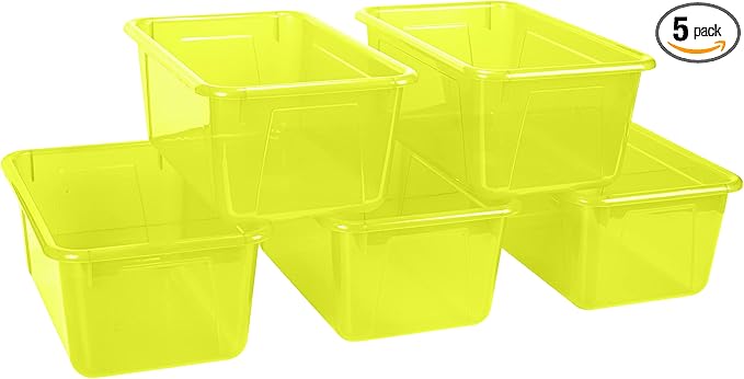Storex Small Cubby Bins – Plastic Storage Containers for Classroom, 12.2 x 7.8 x 5.1 inches, Candy Yellow, 5-Pack (62476A05C)
