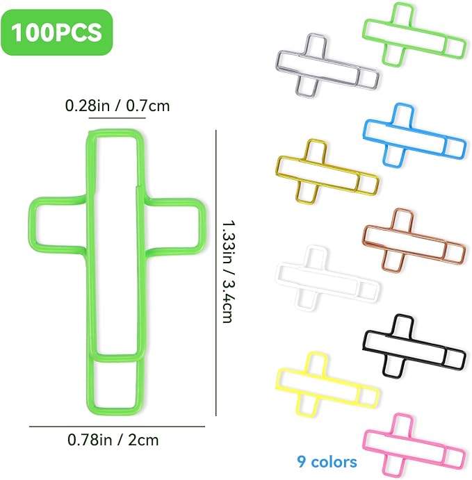 Yuntop 100 Pack Cross Paper Clips, 1.34 x 0.8 Inches, Multicolored, Stainless Steel Bible Study Supplies