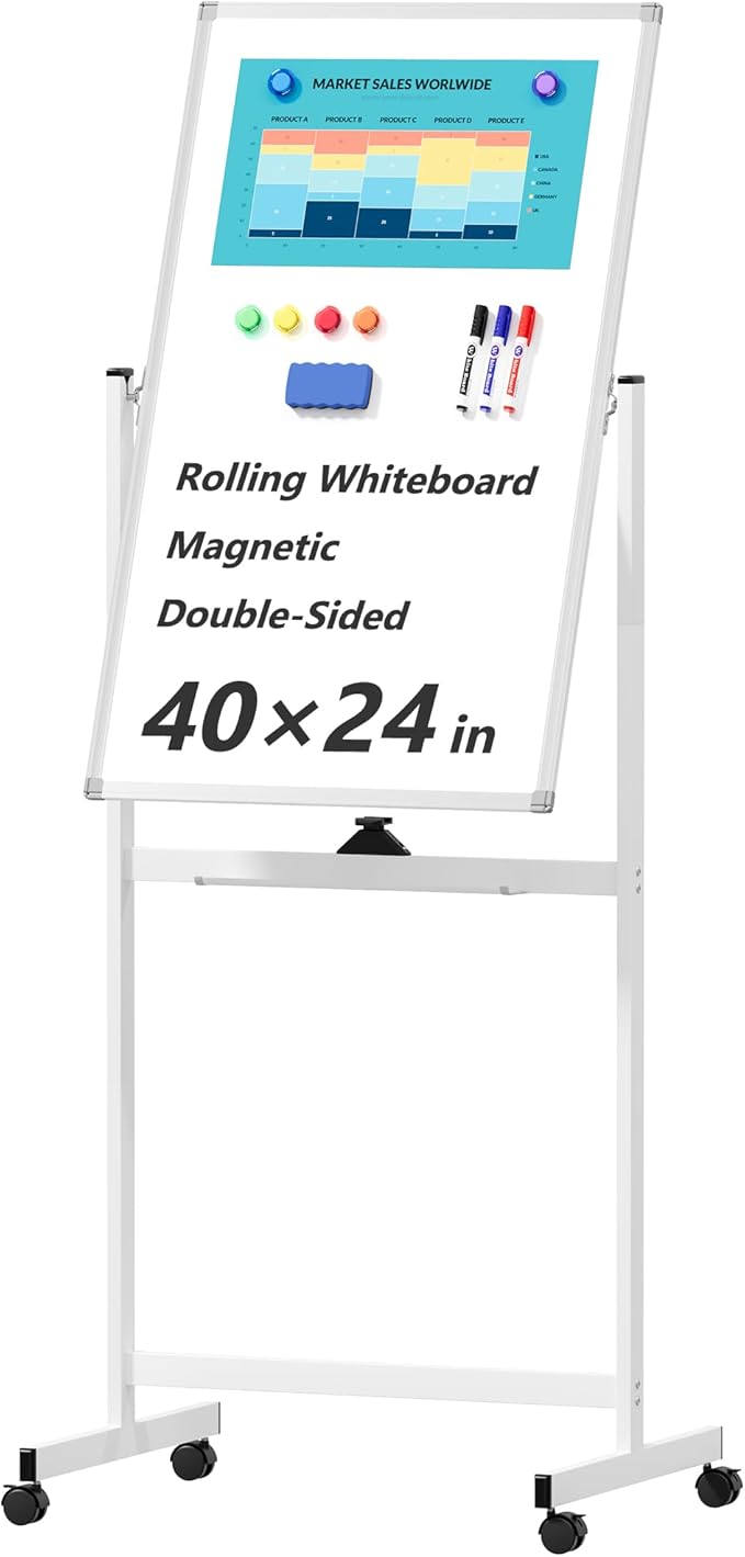 Large Rolling Whiteboard on Wheels, 40" x 24" Double-Sided Mobile White Board with Stand, Portable Standing Magnetic Dry Erase Board Easel for Home Office Classroom School, Silver