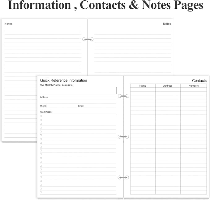 Half Letter Size Monthly Planner Refills for 3 Ring Mini Binders - 53 Sheets/106 Pages Undated Colorful Monthly Planner, 3-Hole Punched, 100 gsm White Paper, Lasts 2 Year, Undated, 5.8" x 8.3"