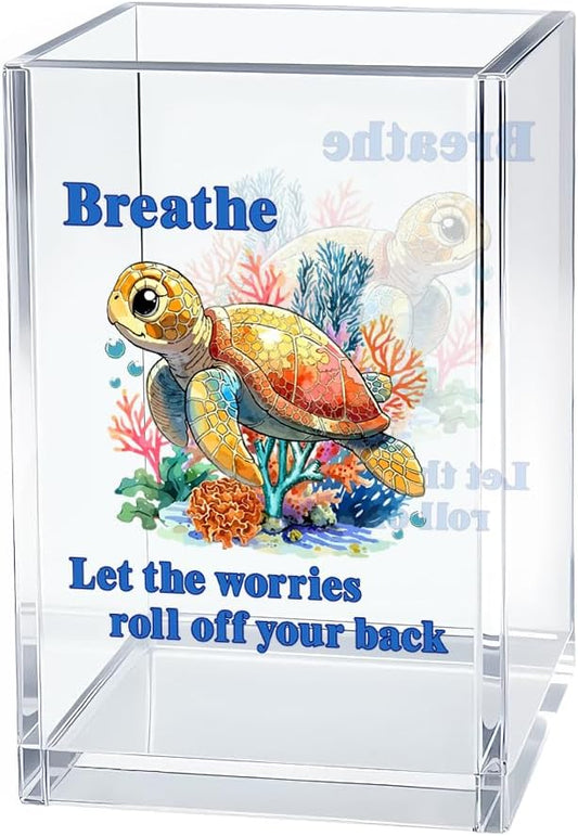 Breathe Let The Worries Roll Off Your Back Pen Holder Makeup Organizer, Funny Sea Turtle Pencil Pen Holder for Desk, Ocean Theme Desk Accessories, Beach Decor Organizer Office Gifts for Coworker