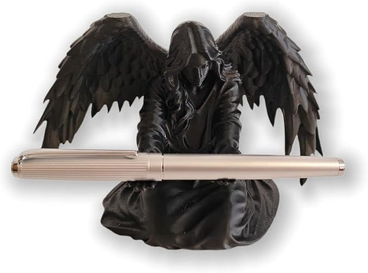 Angel Pen Holder with Hand-Polished Feather Wings, Desktop Organizer, Home & Office Decor, Guardian Gift (Black)