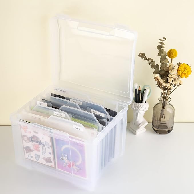 Briartw Clear Plastic Storage Box with Snap Closure lid - Stackable Organizer File Box with 6 Dividers & 10 Labels for Home Office Craft Supplies, 7.6"H x 10.6"L x 9.17"W