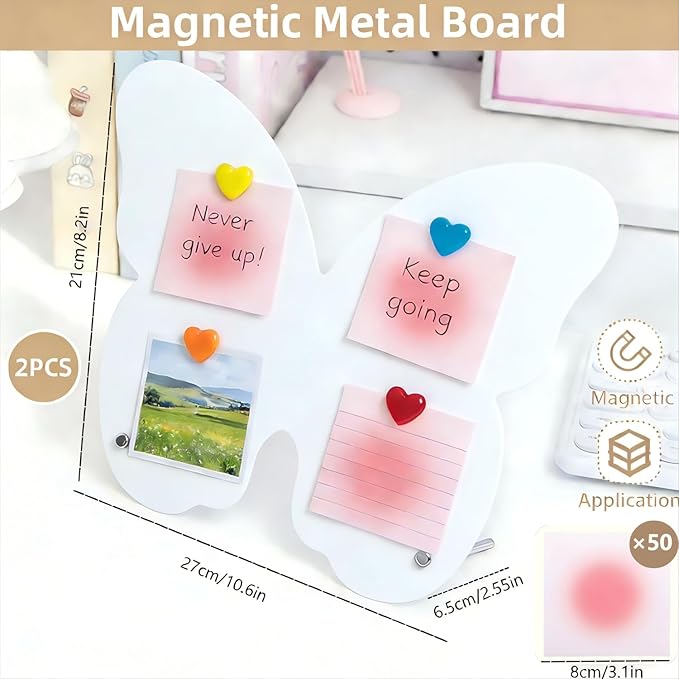 2 Pcs Magnetic Board, Magnet Message Board, 10.6"x8.2" Metal Magnetic Bulletin Board with 50 memo Sheets and 8 Magnets, Magnet Display for Home, School, Kitchen, Office(Butterfly, White)