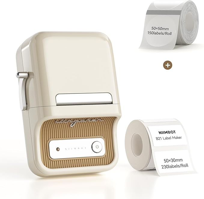 NIIMBOT B21 Bluetooth Label Maker (White) with 1 Roll Clear Round Label Tape 50×50mm-150Labels/Roll