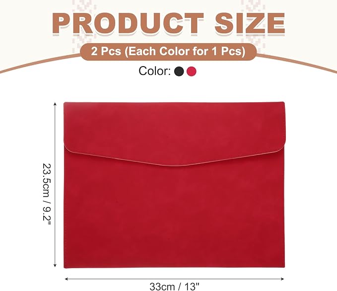 PATIKIL 2Pcs PU Leather File Folders, 13x9 A4 Document Holder Waterproof Envelope Folder with Snap Closure, Portable Portfolio Organizer Case for Paper Receipt, Black/Red