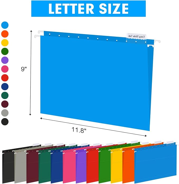 HERKKA Hanging File Folders, 60 Pack Reinforced Letter Size Hanging Folders with Heavy Duty 0 Inch Expansion, Designed for Bulky Files, Medical Charts, 1/5-Cut Adjustable Tabs, 12 Assorted Colors