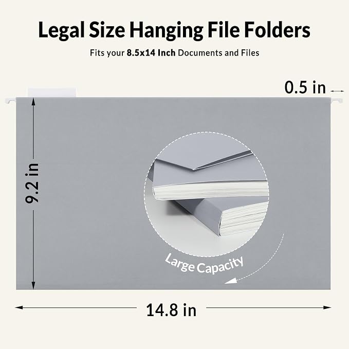 SUNEE Hanging File Folders Legal Size, Gray File Folders 25 Pack 1/5-Cut Tabs, Stay Organized for Your Home and Office Bulk File and Documents