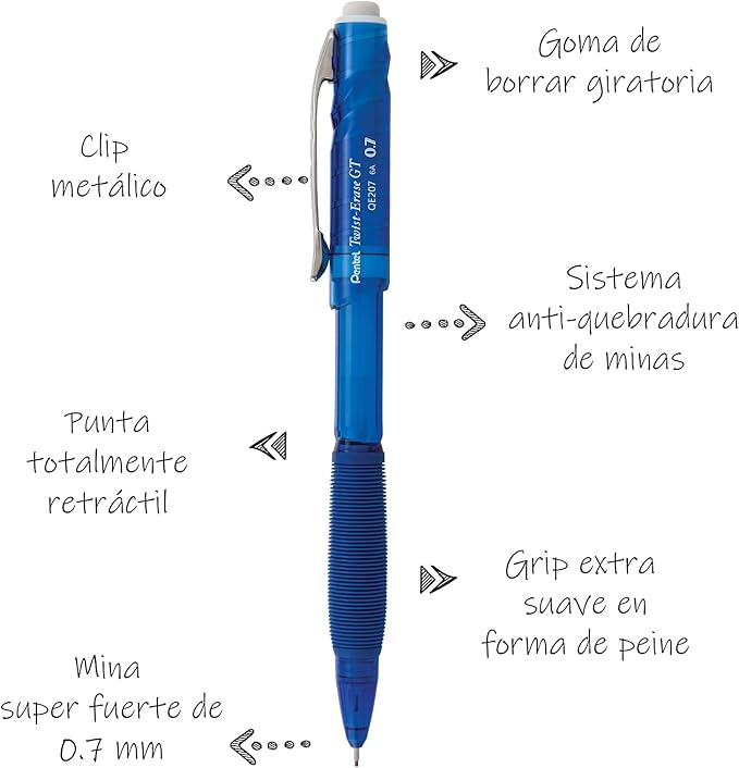 Pentel Twist-Erase GT, 0.7mm, Mechanical Pencil Transparent Blue, Box of 12 (QE207C)