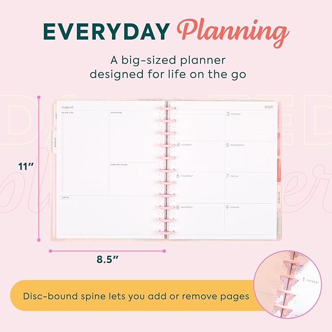 Happy Planner Disc-Bound Planner July 2026–June 2027, Includes 3 Extra Months and 2 Sticker Sheets, Big Size, 8.5" x 11", Dashboard Layout, Spring Sherbet