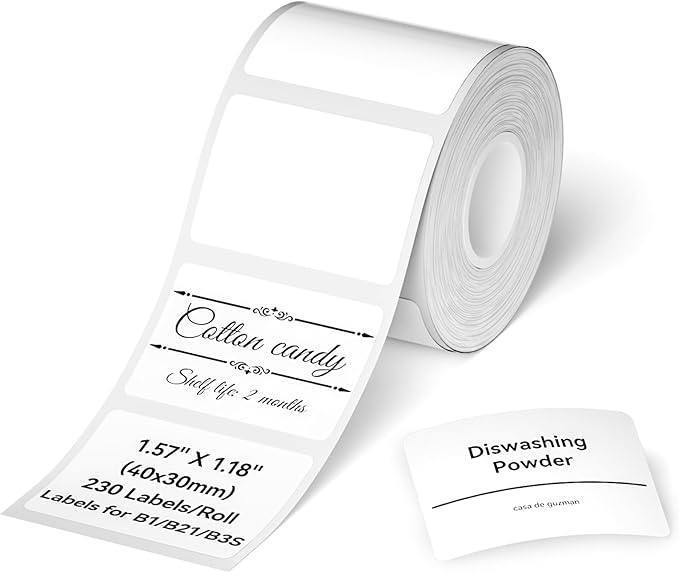NIIMBOT Label for B1/B21/B3S Label Printer, 1.57" X 1.18" (40x30mm), 230 Labels/Roll, Thermal Sticker for Kitchen Jar/Bakery/Grocery/Barcode/Address/Clothing/Small Business, White