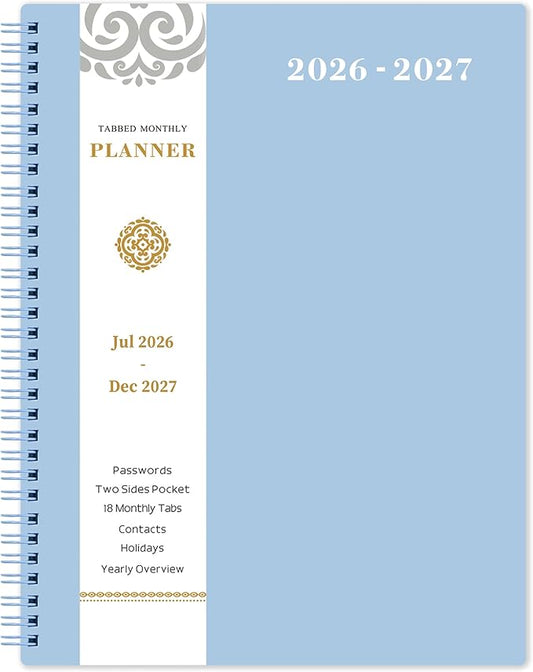 2026-2027 Monthly Planner - Planner/Calendar 2026-2027, JUL 2026 - DEC 2027, 9" x 11", 18 Monthly Planners with Tabs, Pocket, Label, Contacts and Passwords, Twin-Wire Binding- Baby Blue