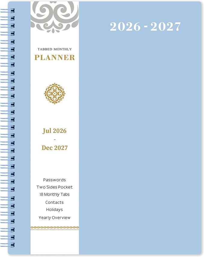 2026-2027 Monthly Planner - Planner/Calendar 2026-2027, JUL 2026 - DEC 2027, 9" x 11", 18 Monthly Planners with Tabs, Pocket, Label, Contacts and Passwords, Twin-Wire Binding- Baby Blue