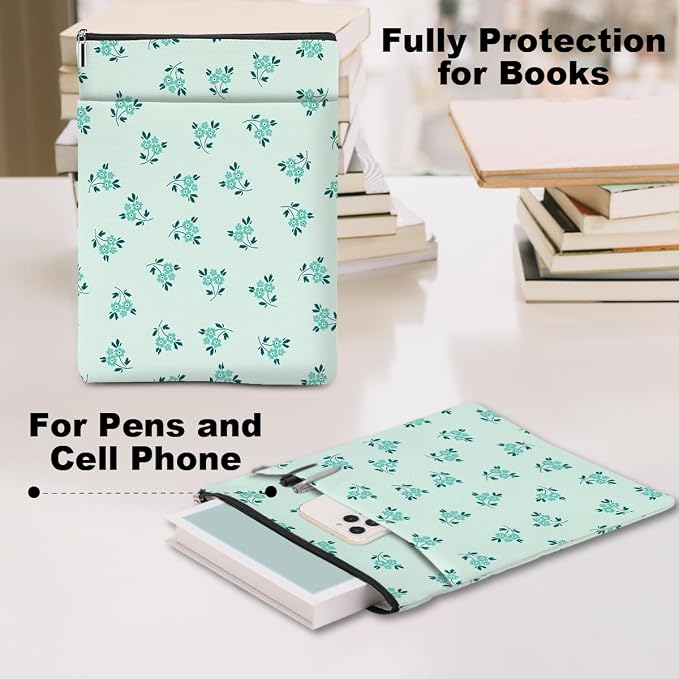 Book Sleeve Book Lovers Gifts Waterproof Books Pouch Protector Cover Reading Accessories Gifts for Women Girls Bookworm Mom Reader Librarian Birthday Graduation Christmas, Aesthetic Green Floral
