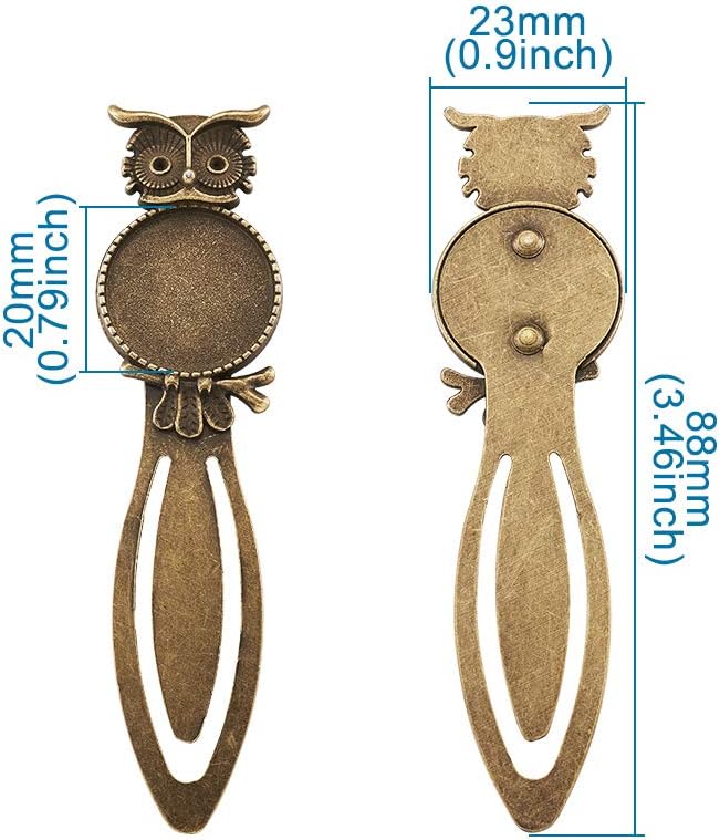 FASHEWELRY 10Pcs Antique Bronze Bookmark Pendant Blank Tray 3/4 inch (20mm) Round Bezel Base Cabochon Setting Charms (Owl)