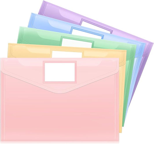 Sooez 5 Packs Plastic Envelopes Plastic File Folders, Clear Document Organizer Folder US Letter A4 Size Folders for Documents with Label Pocket for School Office Work Home Organization, Fresh Colors