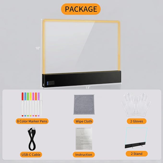 LED Note Board with 8 Dry Erase Markers for Girls Boys Toys, 13"x10" Glow Drawing Board with 7 Colors for Kids Gifts, Rechargeable Light Up Writing Pad, Lumiboard Doodle Tablet for Holiday