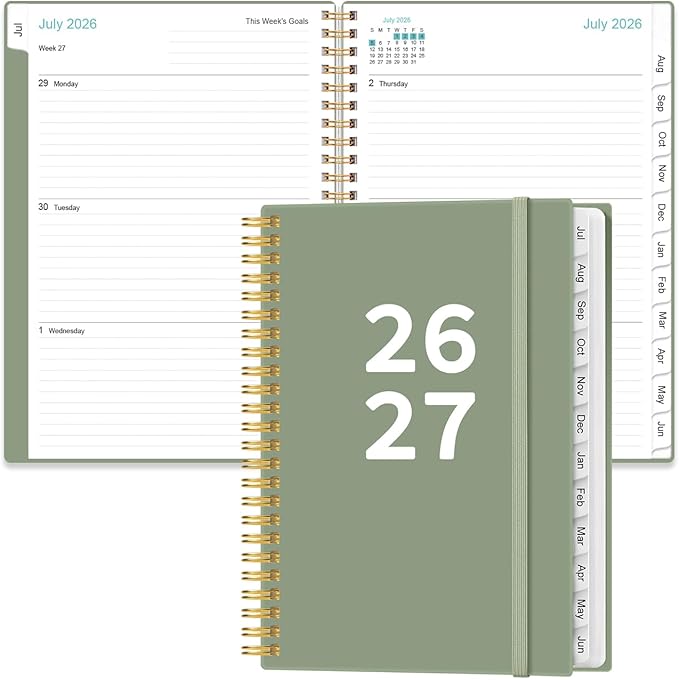 2026-2027 Planner - Planner 2026-2027 from July 2026 - June 2027, Weekly & Monthly Planner Spiral Bound with 12 Monthly Tabs, Inner Pocket, 6.4" x 8.5", Green-A