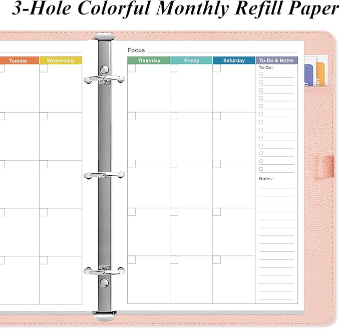 Half Letter Size Monthly Planner Refills for 3 Ring Mini Binders - 53 Sheets/106 Pages Undated Colorful Monthly Planner, 3-Hole Punched, 100 gsm White Paper, Lasts 2 Year, Undated, 5.8" x 8.3"