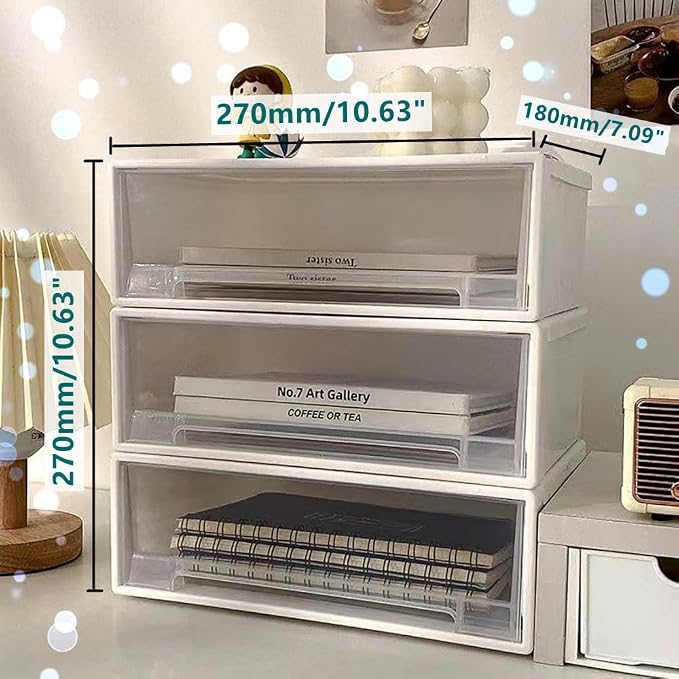 Set of 3 Stackable Storage Drawers, White Plastic Desk Storage Boxes for Dressing Table, Office Desk, TV Cabinet, Bathroom, Shoe Cabinet Storing Various Items