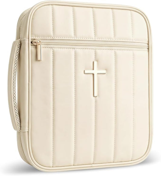 Wuflyover Bible Bag for Women, Quilted Bible Cover Case with Handle, Bible Carrying Case for Church and Bible Study, (Beige)