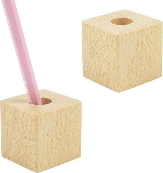 2 Pcs Beech Wood Pencil Holder Single Slot Pen Stands for Office & Home Desk (0.55" Hole, Pen Not Included)