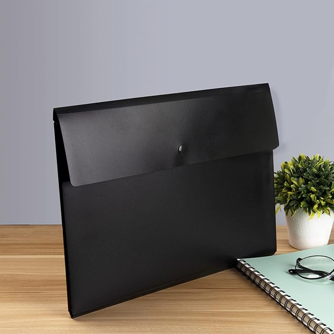VANRA Expanding Poly File Jacket Filing Envelope File Folder Pockets Document Holder Organizer A4 Letter Size with Snap Button (Black, Pack of 5)