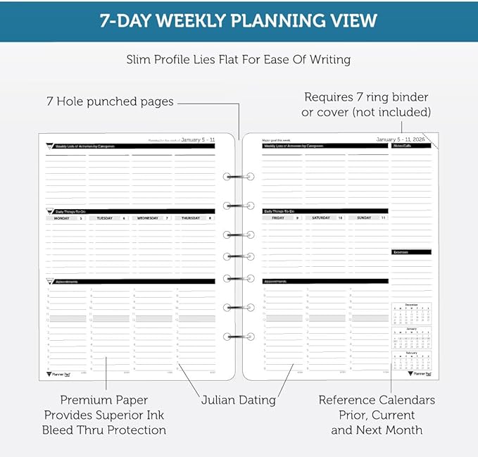 Planner Pad 7 Hole Loose Leaf January-December 2026/ Calendar Year 6 3/4" x 8 1/2" Medium 3-Tier Funnel Down 12 Month Organizer,Black Ink