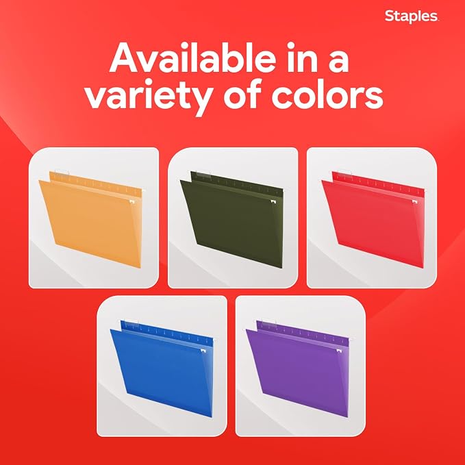 Staples Hanging File Folders, Letter Size, 1/5‑Cut Tabs, Assorted Colors, Adjustable Tabs with Paper Inserts – 25/Pack