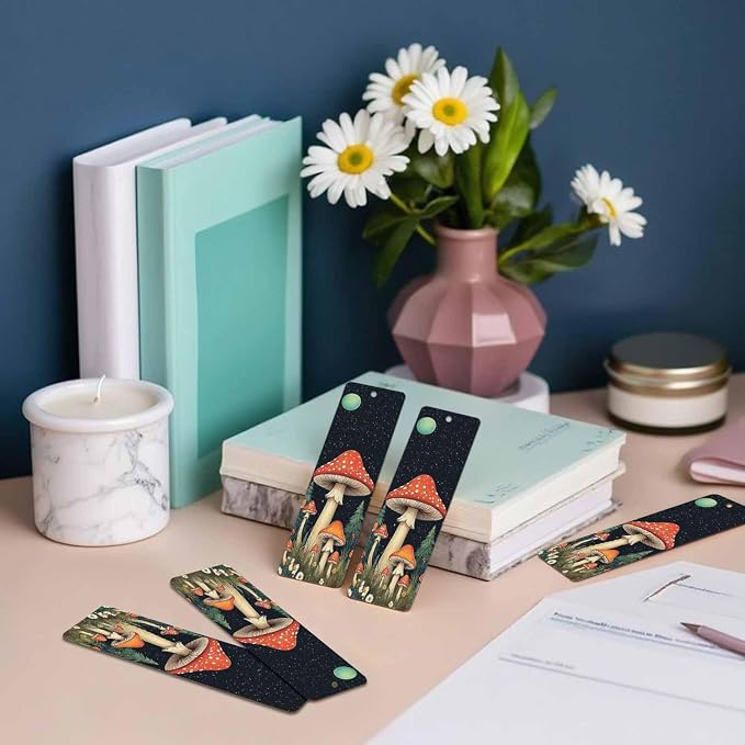 Mushrooms Bookmarks 5 Pcs with Tassels Dark Night Moon Stars Flowers Trees Wooden Bookmarks for Reading Women Students Teacher Reader
