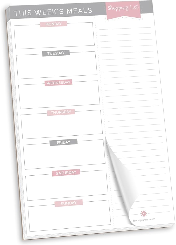 bloom daily planners Weekly Meal Planning Pad - Magnetic Hanging Refrigerator Menu Planner with Tear-Off Sheets & Perforated Grocery Shopping Lists - 6” x 9” (Grey & Pink)