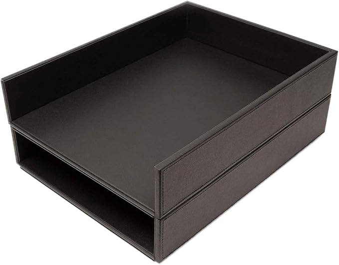 Armory by Castle - Leatherette Two Stackable Paper Trays Desk Organizer - Clutter Organizer for Home, Office, Personal, and Employee Files (Two Paper Trays - Stackable)