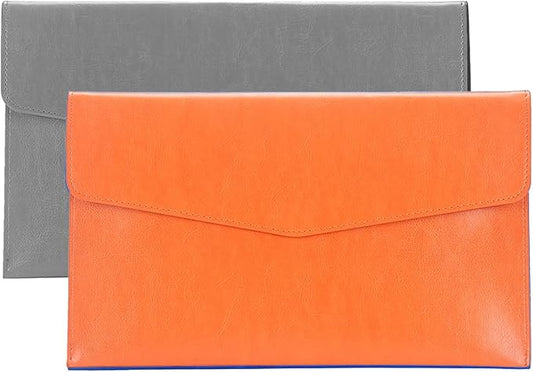 PU Leather A5 File Folder Document Holder A5 Envelope Folder with Snap Closure for Receipt 2Packs (Gray&Orange)