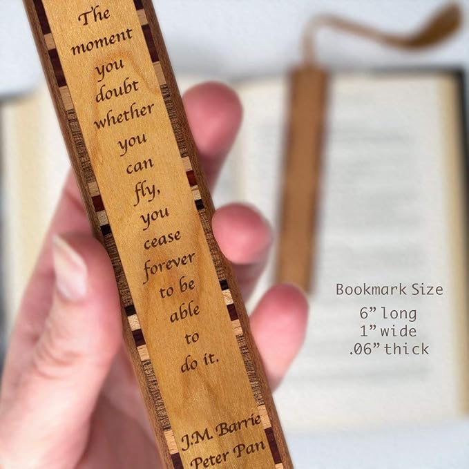 Peter Pan Quote Wooden Bookmark | J.M. Barrie Inspirational Literary Quote Gift for Book Lovers | Handmade Wood Bookmark with Copper Tassel | Made in the USA