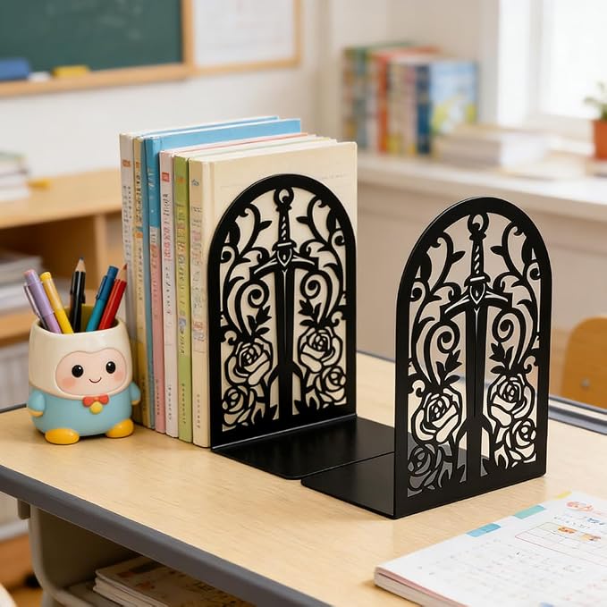 Book Ends, Bookends, Book Ends for Shelves, 3 Pair Non Skid Metal Book Divider Decorative Holder, Abstract Art Desgin Book Stopper Supports for Office, Home (3 Pairs Gothic Bookends)