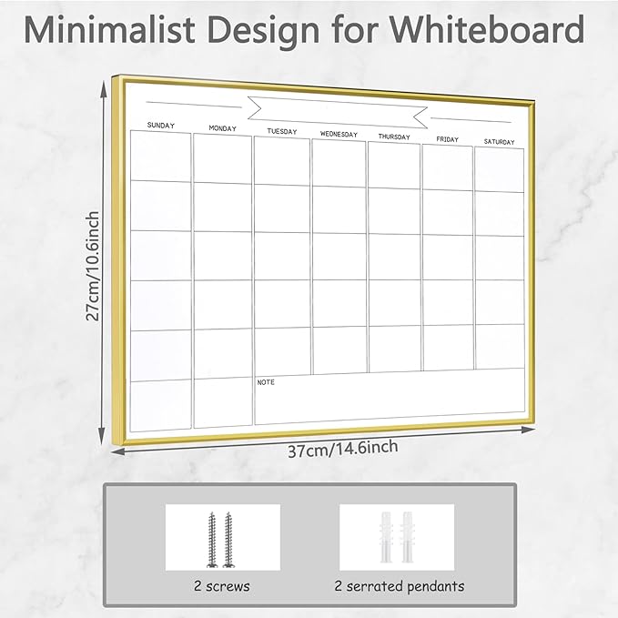Dry Erase Monthly Calendar Whiteboard, 10.5"x 14.5" Gold Aluminum Frame, Magnetic White Board for Wall Office/School/Home, Hanging Board for Decoration/Kitchen Grocery List（YL-Gold-2737-B）