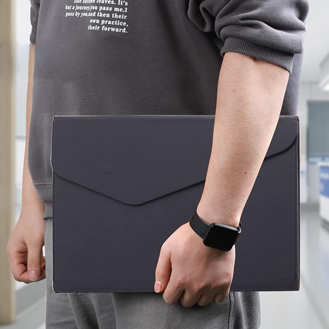 VANRA 1 Piece File Folders PU Leather Expanding Document Holder File Jacket Filing Envelope for A4 Letter Size Paper with Invisible Magnetic Closure Black