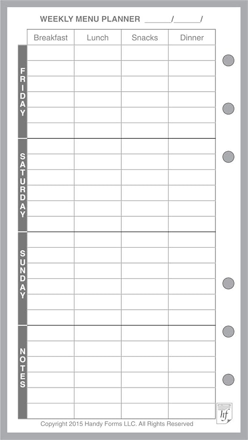 Personal Size Menu Planner and Shopping List, Sized and Punched for Filofax Personal Notebook (3.7" x 6.75")