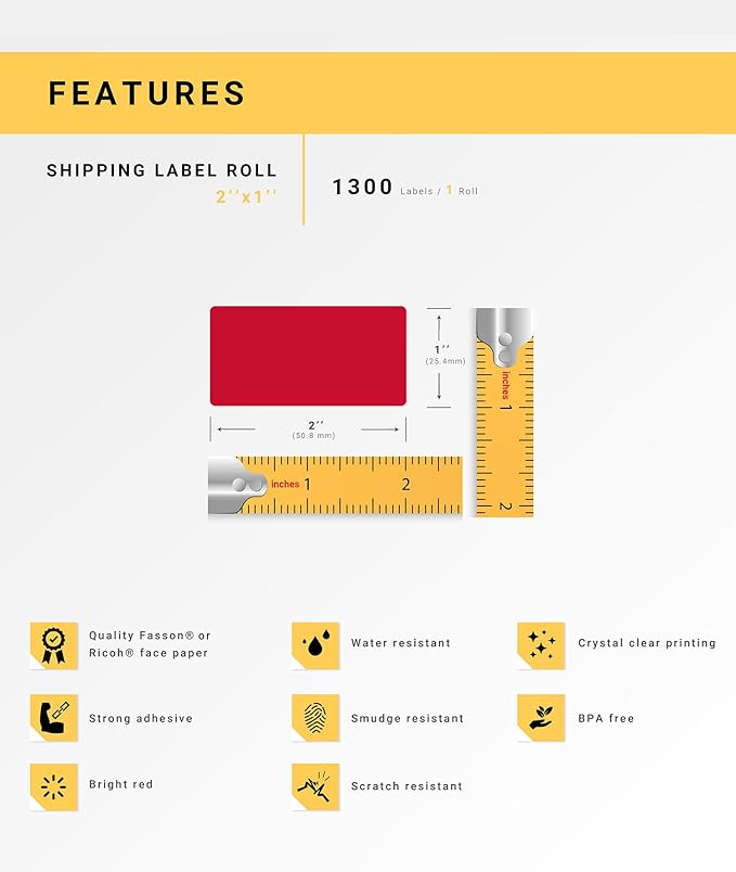 HOUSELABELS 2" x 1" Red Barcode Labels on 1" Core Compatible with Zebra and Rollo Printers, 28 Rolls / 1,300 Labels per Roll