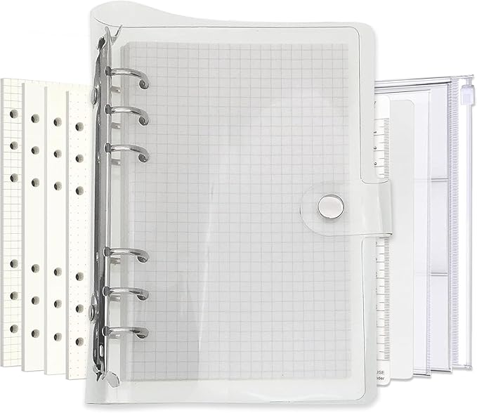 A6 A5 6-Holes Colorful PVC Cover Personal Organizer with Snap Button Closure File Folder for Loose Leaf Sheet Notebook (White, A6 Combo)
