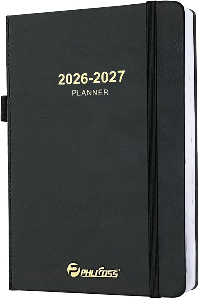Daily Planner 2026-2027, One Page Per Day, Academic Calendar (July 2026 - June 2027), Appointment Book with Time Slots and Monthly Tabs, 5.7" x 8.25", Pocket, Leather Cove (Black)