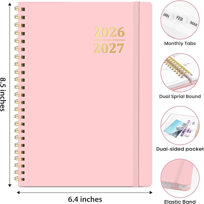 Academic Planner 2026-2027, Weekly and Monthly Calendar Planner Book, July 2026 – June 2027, Hardcover Organizer with Tabs, Perfect for Teachers, Students, Women & Men, A5 (6.4" x 8.5") - Pink
