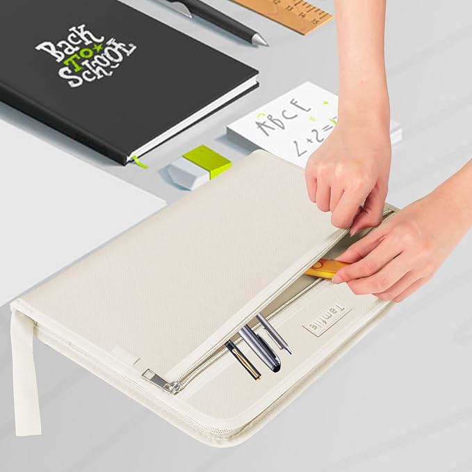 Fireproof Safe Waterproof Accordion File Bag Folder Expanding Filing Folder with 14 Multicolored Pockets, A4 Letter Size, Document Organizer Holder and Color Labels /2 Zipper (Beige 14.3" x 9.8")