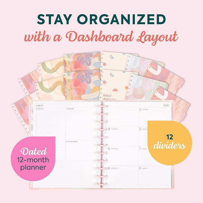 Happy Planner Disc-Bound Planner July 2026–June 2027, Includes 3 Extra Months and 2 Sticker Sheets, Big Size, 8.5" x 11", Dashboard Layout, Spring Sherbet