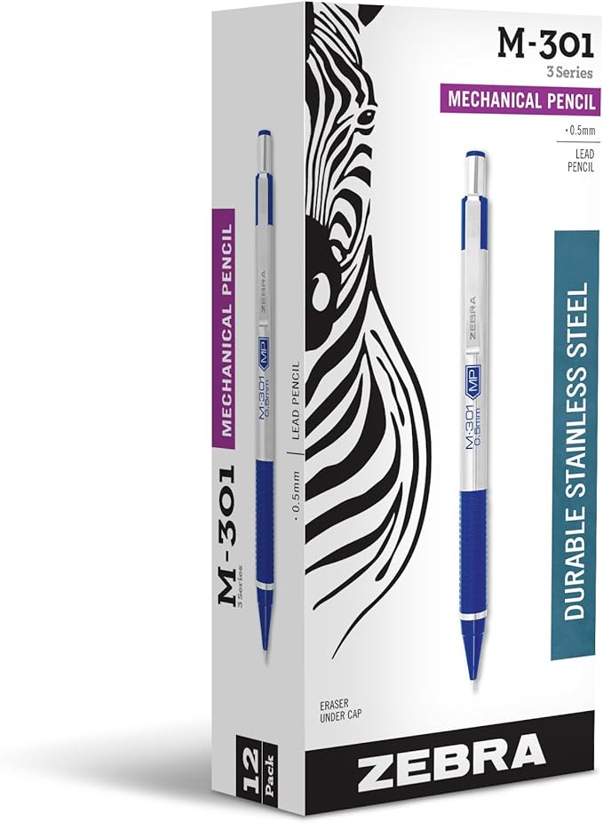Zebra Pen, STEEL M-301 Mechanical Pencils, 0.5mm Fine Point, Refillable Lead, Stainless Steel Barrel, Built-in Eraser, Blue Grip, Durable Clip, School or Office Pencils, 12-Pack (54020)