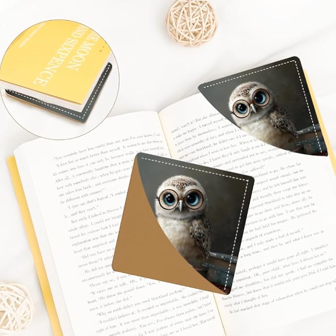 2PCS PU Leather Bookmarks 3.5x3.5 Inch Owl with Glasses Book Design | PU leather bookmarks for books with cute owl glasses design for classroom reading, library study, young readers and teachers.