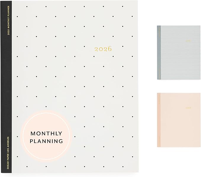 Sugar Paper 2026 Monthly Planner, January to December, 8" x 10", Calendar for Women, Flexible Matte Paper Cover, Fabric Tape Stitch Binding, 12 Month, Black Swiss