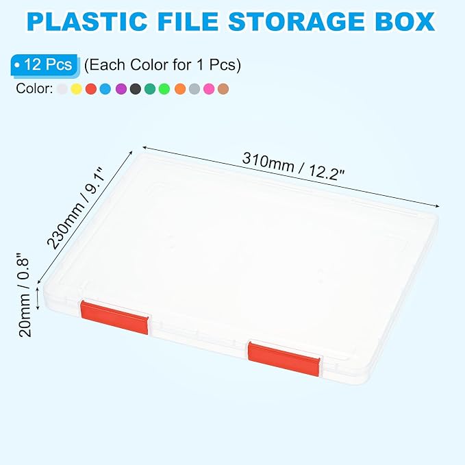 PATIKIL Clear A4 File Portable Project Case with Buckle Plastic Storage Box for 8.5" x 11" Letter Paper Scrapbook Paper Storage Boxes, 12Pcs, 12.2"x9.1"x0.8", Multicolor