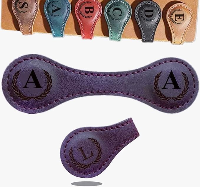 Personalized Magnetic Leather Bookmark, 26 Letter Custom Initial Bookmark, Multi-Functional for Women, Teachers, Book Lovers (Purple, A)